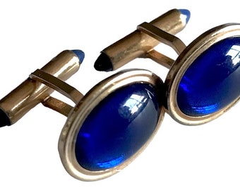 Classic Vintage Cufflinks, Mid Century Modern, True Blue Center, Goldtone, Minimalist Design, Dapper Rockabilly, Groom Gift