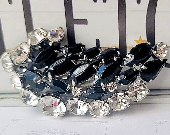 Yummy Retro Rhinestone Brooch, Black Clear Rhinestones, Leaf Shape Vintage Adornment, Bride or Holiday Big Bling Pin Brooch Embellishment