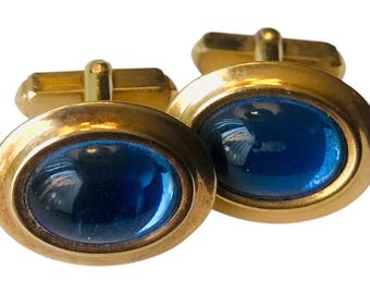 Retro Cuff Links, Mid Century Modern True Blue Oval Goldtone Cufflinks, Small Cufflinks, Tuxedo Shirt Accessory, Gentleman Groom Cufflinks