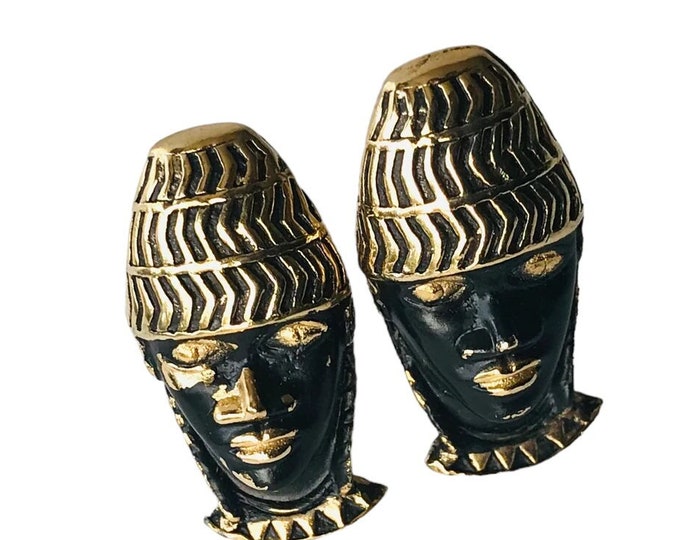 Vintage Cufflinks, by Swank Rare Tribal Bust, Traditional Ceremonial Mid Century Designer Collection Gold Black