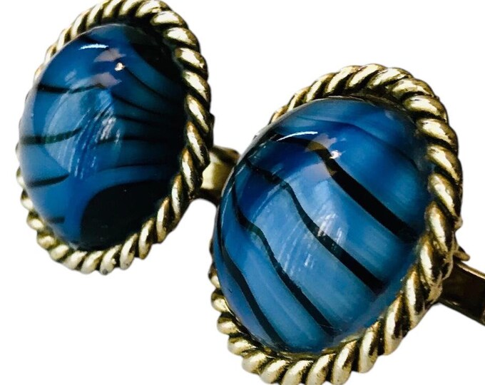Vintage Cufflink Ocean Blue Cabochon Goldtone Back Ready Gift for Giving