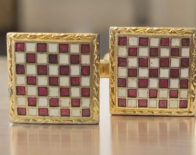 Dapper Man Essentials, Vintage Cuff Links, Checked Pattern Red Enamel Gold Tone, Small Mid Century Modern Cufflinks, Estate Cufflinks Gift