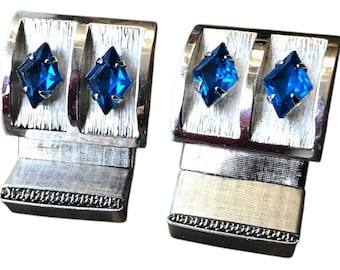 Rare Vintage Mod Fashion Style Cuff Links, Handsome Silver Tone Wrap Chain, Rectangular Face Clear Multifaceted Blue Diamond Shape Stones