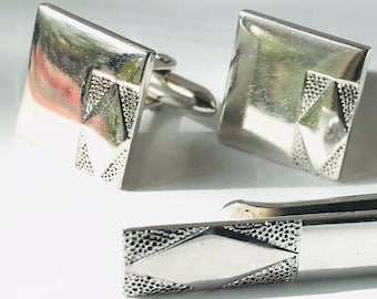 Silver-tone Cuff Link Tie Bar Set Mid Century Modern Geometric Design by Swank
