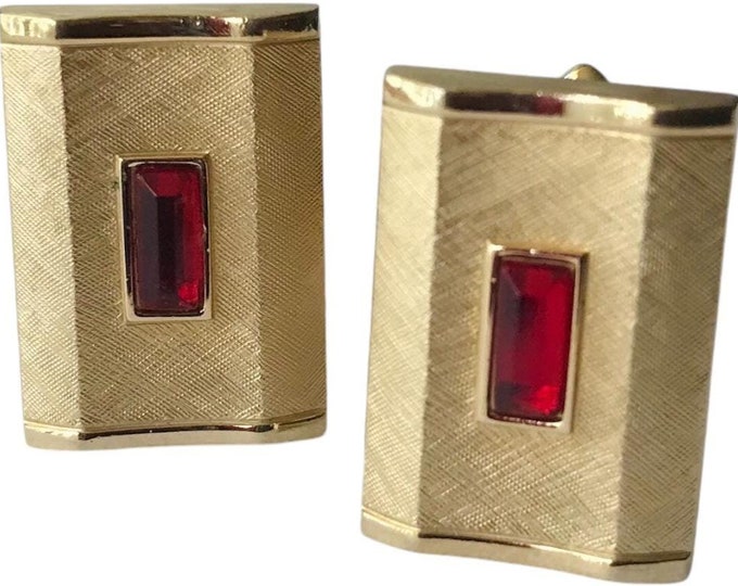 Vintage Rectangular Gold-tone Cufflinks, Red Glass Accent Stone, Made by Swank, Retro Cuff Links, Mid Century Modern Jewelry Cufflinks