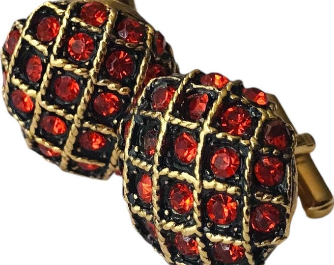 1960s Design, Round Button Retro Red Vintage Cufflinks, Lattice Gold-tone Pattern,  Red Rhinestones