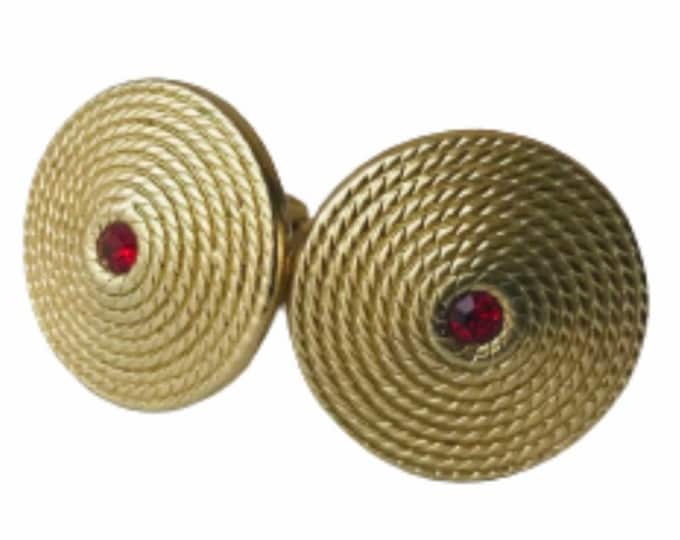 Disk of LOVE Retro Cufflinks Round, Mid Century Modern, Bling, Goldtone, Small Red Stone  for Eternal Love