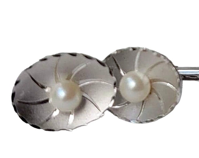 Mid Century Modern Silver-tone and White Faux Pearl Cufflinks, Oval Shape Floral Design, Charming Formal Accessory, Classy Traditional Gift