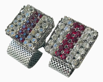 Cool Retro Cuff Links, Vintage Silver-Tone Setting and Wrap Chain, Ornate Details Clear Pronged Rhinestones with Ruby Red Rhinestone Stripe