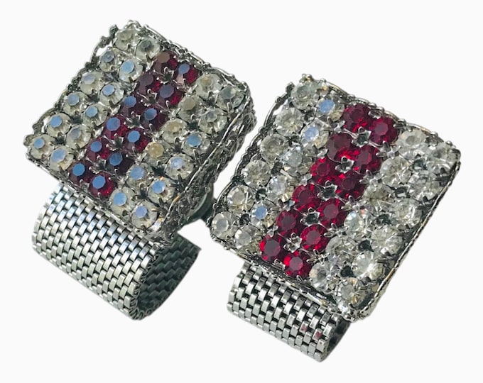 Cool Retro Cuff Links, Vintage Silver-Tone Setting and Wrap Chain, Ornate Details Clear Pronged Rhinestones with Ruby Red Rhinestone Stripe