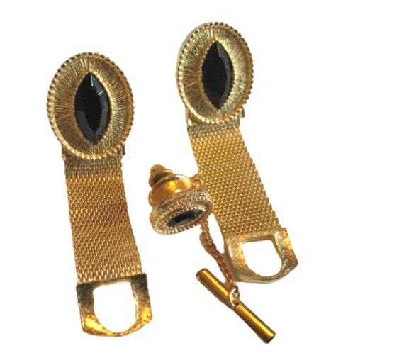 Vintage Goldtone Cufflink Tie Pin Set: Black Glas… - image 2