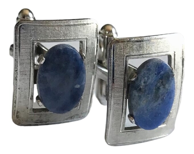 Vintage Silver-tone Cufflinks, Florentine, Mid Century Cut-out Design, Oval True French Blue Lapis Lazuli, Perfect Handsome Groom Cufflinks