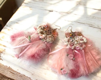 Vintage Hand Crafted Jewelry, Art Paper, Fabric Flowers and Pink Feather Drop Earrings, Gold-leafing, Pink Ribbons, Delicate and Lightweight