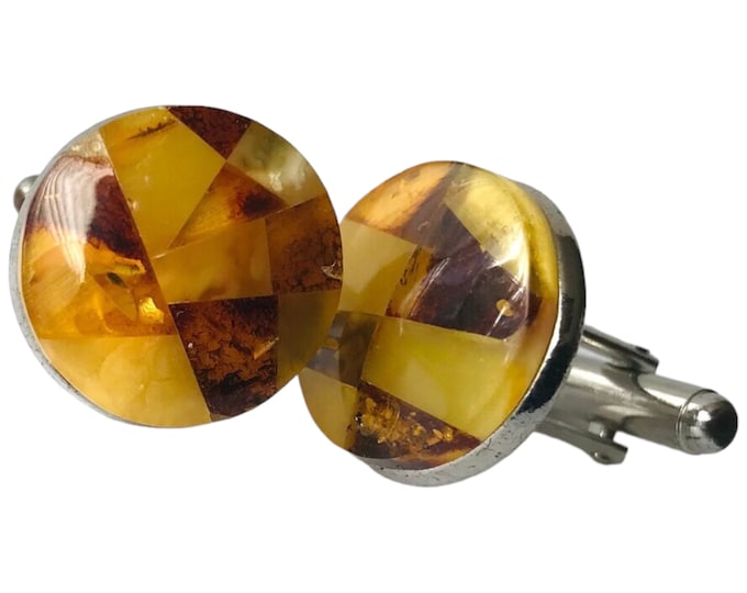 Handsome Vintage Cufflinks, Amber Tone on Silvertone Round Button Formal Accessory Mid Century Retro