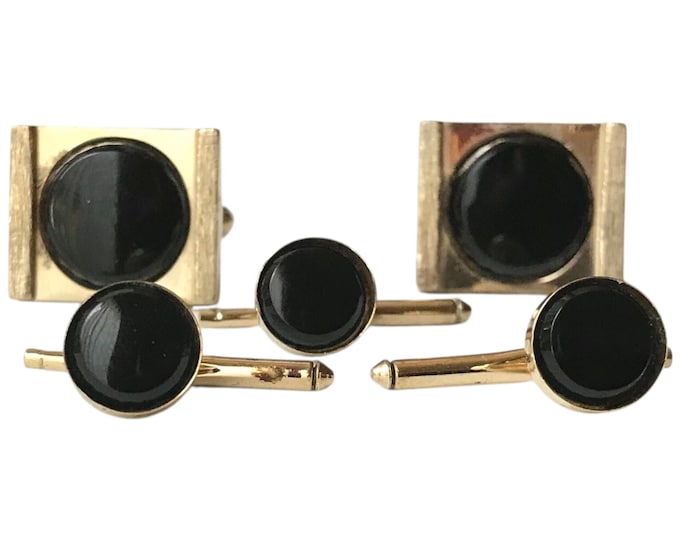 Retro Cufflink Shirt Stud Set, Mid Century Modern, Black Glossy Center Stone Square Square GoldTone Casing,
