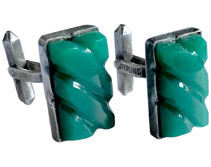 Vintage Sterling Silver Carved Jade Cufflinks, Dark Green Jade Rectangular  Center, Minimalist Silver Setting, Jade Stone Gift of Abundance