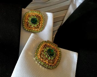 Green Rhinestone Crystal Vintage Wrap Cufflinks, Light and Dark Green Combo Stones Set in GoldTone, Fine Weave Wrap Chain, Retro Big Bling