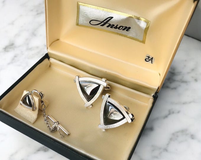 Smart Vintage Cuff Link Tie Pin Set, By Anson, Triangular Mid Century Minimalist Design, Silver-tone Hematite, Original Box, Retro Jewelry