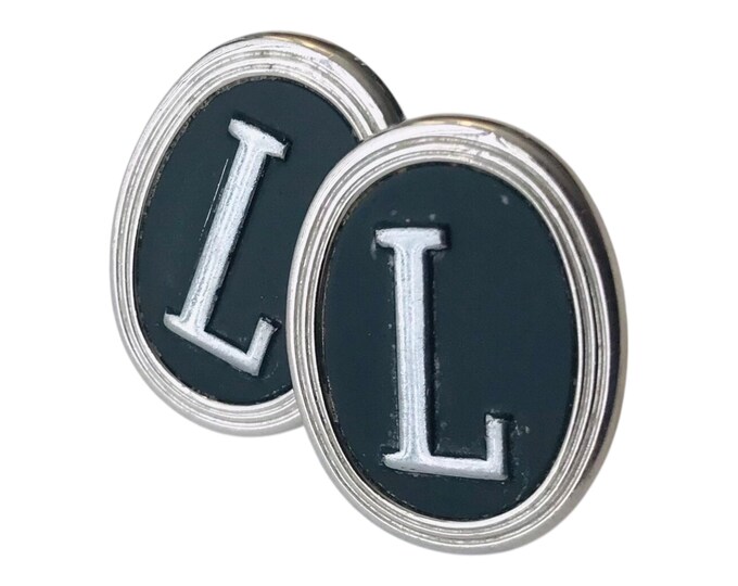 Monogram L Swank Cuff Links, Classic Vintage Minimalist Mid Century Designed Cufflinks, Matte Black Finish on Silver-Tone Oval Shaped Frame