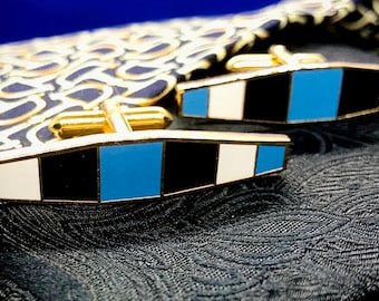 Cool Mod Vintage Blue Black White Stripe Cuff Links, Retro Mid Century Modern Cufflink