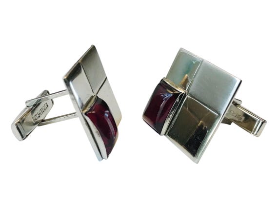 Mid-Century Modern Cufflinks: Silver Tone & Red L… - image 4