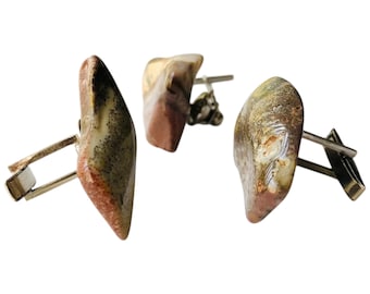 Large Polished Natural Stone Retro Cuff Links and a Tie Pin, Multicolored Rugged Rock of Rust Tan and Gray, Abstract Shape Cufflinks Tie Pin