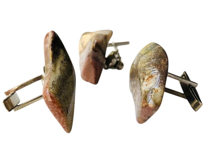 Large Polished Natural Stone Retro Cuff Links and a Tie Pin, Multicolored Rugged Rock of Rust Tan and Gray, Abstract Shape Cufflinks Tie Pin