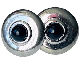 Silvertone Black Vintage Cuff Links, Round Button Style Retro Mid Century Cufflinks, Streamline Moderne Aerodynamic Design, Retro Groom Wear