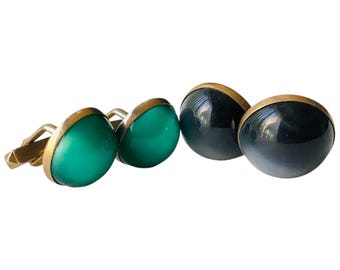 Two Goldtone Ultra Retro Cufflinks, Mid Century Round Glowing Cabochon Green and Gray Cuff Links, Minimalist Design, Executive Vintage Chic