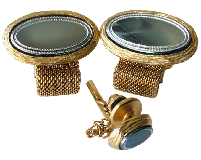 Cufflinks, Retro Two-tone, Gold-tone with Glossy Gunmetal, Mid Century Modern Wrap Style, Gift for Him