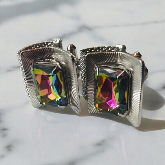 Vintage Emerald Cut Glass Cufflinks: Silvertone M… - image 10