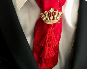 Vintage Silk Tie Necklace and Crown Charm, UpCycled Vintage Tie Repurposed Tie, Red Necktie Necklace, Crown Brooch and Tassel Embellishment