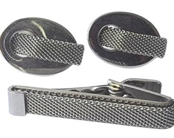 Mid Century Modern Chain Mail Cufflinks Tie Clip Set, Silver-tone Vintage Cuff Links Tie Bar, Mesh Chain, 1950s Retro Gift, 4 Refine Warrior