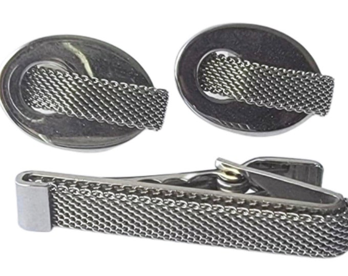 Mid Century Modern Chain Mail Cufflinks Tie Clip Set, Silver-tone Vintage Cuff Links Tie Bar, Mesh Chain, 1950s Retro Gift, 4 Refine Warrior