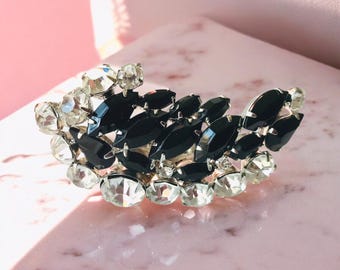 Yummy Retro Rhinestone Brooch, Black Clear Rhinestones, Leaf Shape Vintage Adornment, Bride or Holiday Big Bling Pin Brooch Embellishment