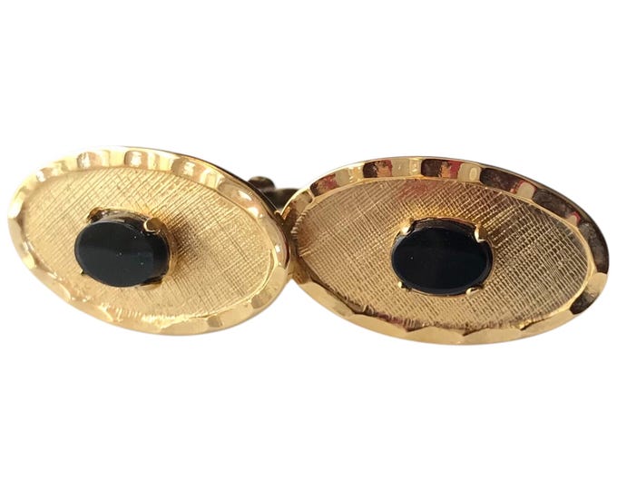 Vintage Cufflinks, Gold-tone Florentine Finish Ovals, Black Glass Stone, Classic Mid Century Dashing Cufflinks of the Well-dressed, Man Gift