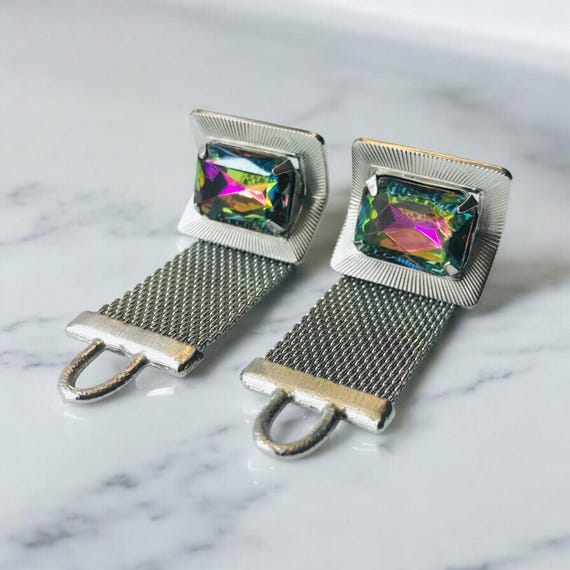 Vintage Emerald Cut Glass Cufflinks: Silvertone M… - image 4