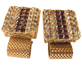Cool Retro Cuff Links, Vintage Gold-Tone Setting and Wrap Chain, Ornate Details Clear Pronged Rhinestones with Raspberry Rhinestone Stripe