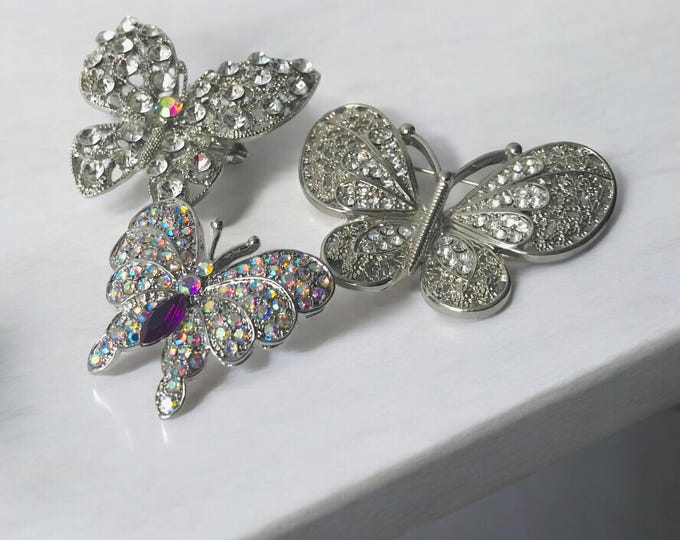 Beautiful Butterfly Pins, Set of Three Rhinestone Pin, Modern Butterfly Brooch Pins, Scarf Pins, Bling Crystal Pins, Thoughtful Jewelry Gift