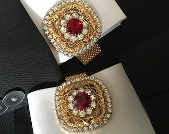 Ornate Vintage Cufflink Tie Pin Set, Red Clear Rhinestone Wrap Cuff Links, GoldTone Setting, Romantic Fairytale Wedding Groom, Handsome Gift