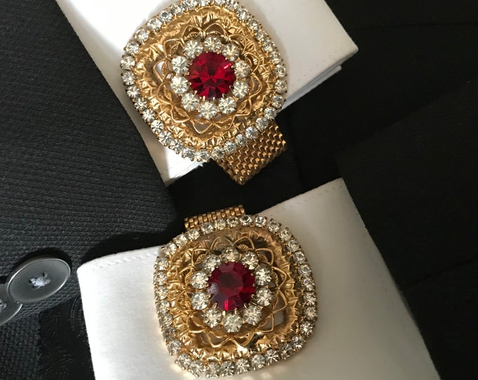 Ornate Vintage Cufflink Tie Pin Set, Red Clear Rhinestone Wrap Cuff Links, GoldTone Setting, Romantic Fairytale Wedding Groom, Handsome Gift