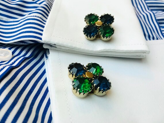 Kelly Green, Navy Blue, Vintage Cufflinks, Mid Ce… - image 6