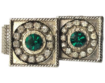 Vintage Bling Gift, Aged SilverTone Retro Cufflinks, Regal Circular Rhinestones, Emerald Green Center, Square Cuff Link Face Mesh Wrap Chain