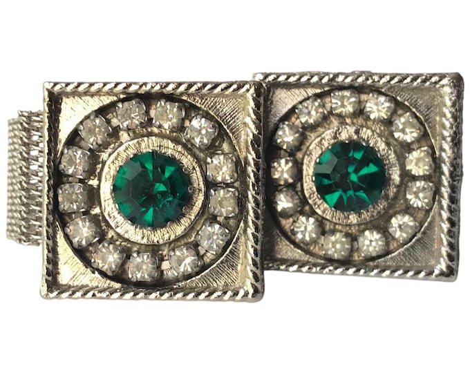Vintage Bling Gift, Aged SilverTone Retro Cufflinks, Regal Circular Rhinestones, Emerald Green Center, Square Cuff Link Face Mesh Wrap Chain