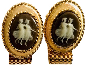 Vintage Twin Maiden Cufflinks: Goldtone 1960s Mid Century Cuff Links, Brown Incolay Oval Shaped Wrap Mesh Chain Detail, Old World Design