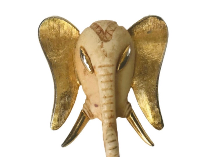 Razza Elephant Good Luck Brooch Gold-tone setting with Beige face Very Collectable Mixed Metal, Resin, Gold Leaf