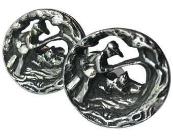 Retro Cuff Links, Mid Century Vintage SilverTone Outdoorsman Landscape Cufflinks, Sporting Design, Mens Jewelry Gift, Formalwear Cufflinks