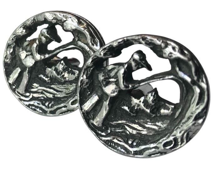 Retro Cuff Links, Mid Century Vintage SilverTone Outdoorsman Landscape Cufflinks, Sporting Design, Mens Jewelry Gift, Formalwear Cufflinks