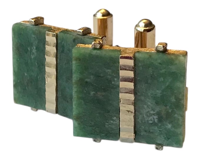 Pair of Rectangular Green Jade Cufflinks, Classic Retro VIP Formalwear, Preppy Prom Cuff Links, Lucky Gift of Prosperity, Love and  Luck