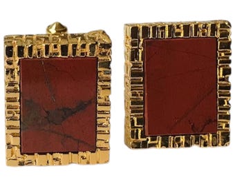 Bright Gold-tone Vintage Cufflinks, Rectangular Dark Red Rust Agate, Old World Classic Design, Destino Mid Century  Elegant Classic Groom